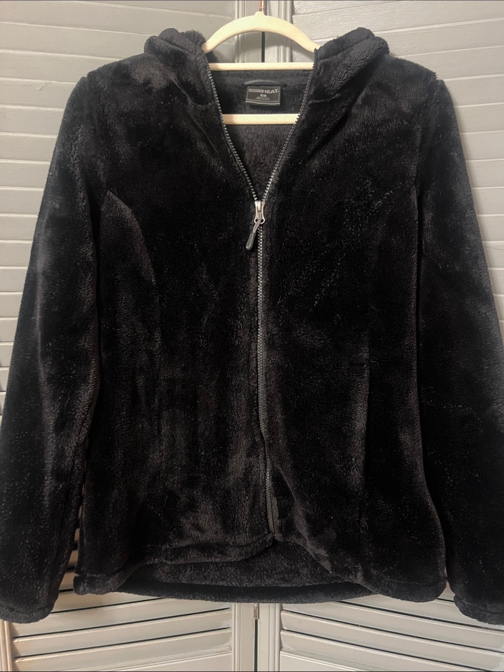 32 Degree Heat Black Faux Fur Full Zip Hooded Jacket Sherpa Lined, Pockets, Sz M